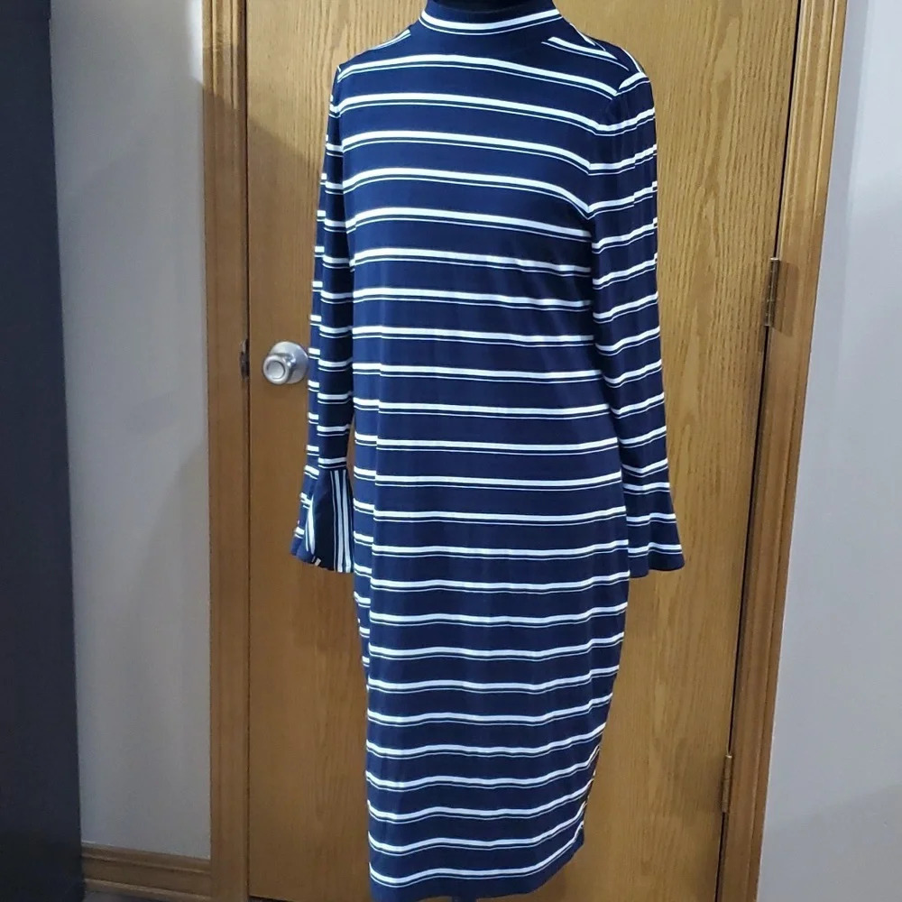 Whbm blue striped bell cuffed long sleeve lined comfortable dress